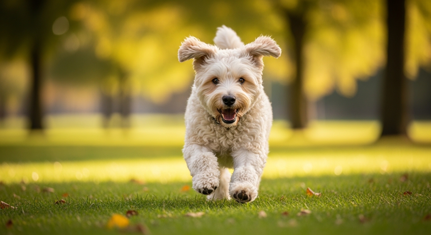 Verspielter Hund rennt fröhlich durch den Park