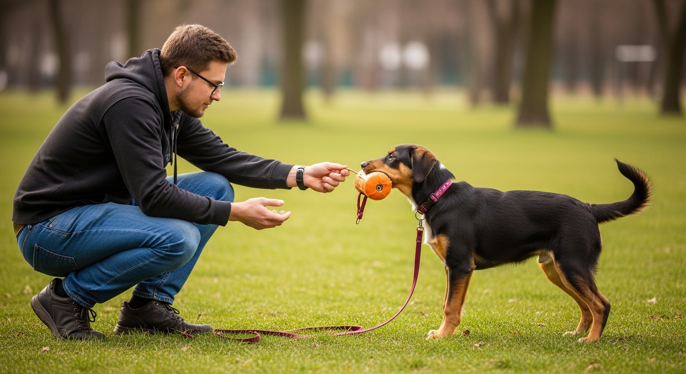 Hundebesitzer trainiert seinen Hund im Park