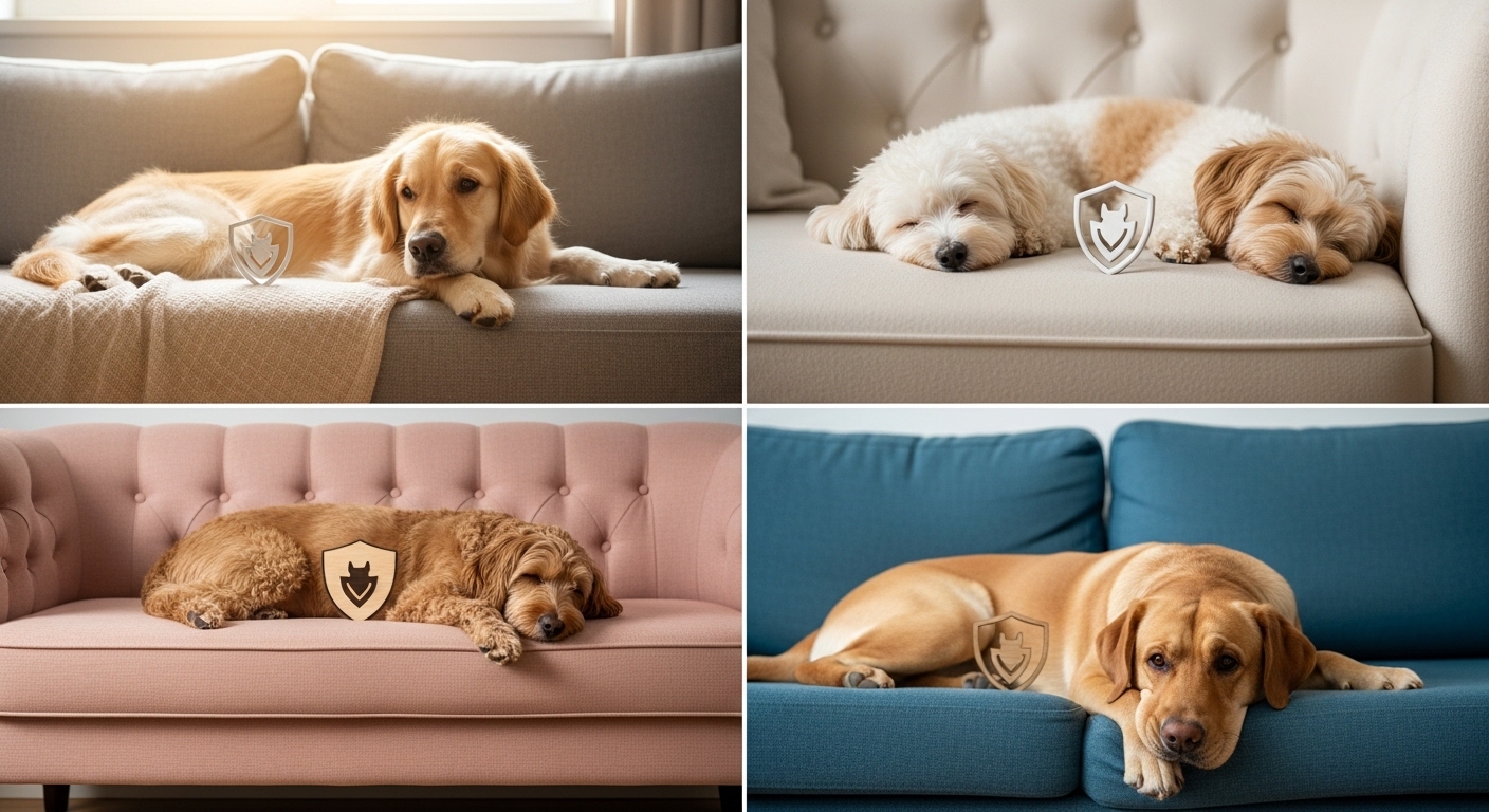 Entspannter Hund auf dem Sofa — gut geschützt