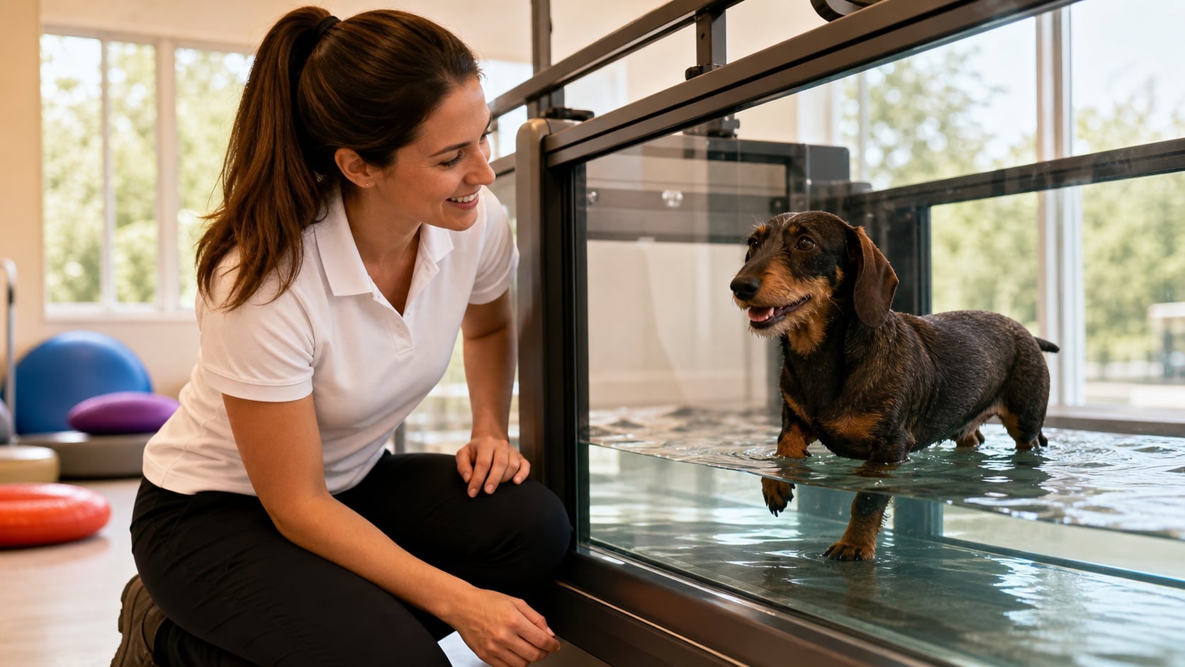 Dackel trainiert entspannt auf dem Unterwasserlaufband bei der Physiotherapie – Bandscheibenvorfall beim Hund: Kosten für OP, MRT und Reha
