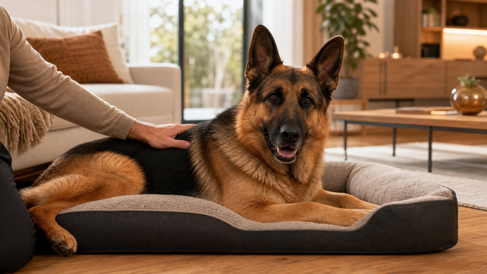 Ausgewachsener Schäferhund liegt entspannt auf einem orthopädischen Hundebett — Hüftdysplasie beim Hund: OP-Kosten und gelenkschonender Alltag