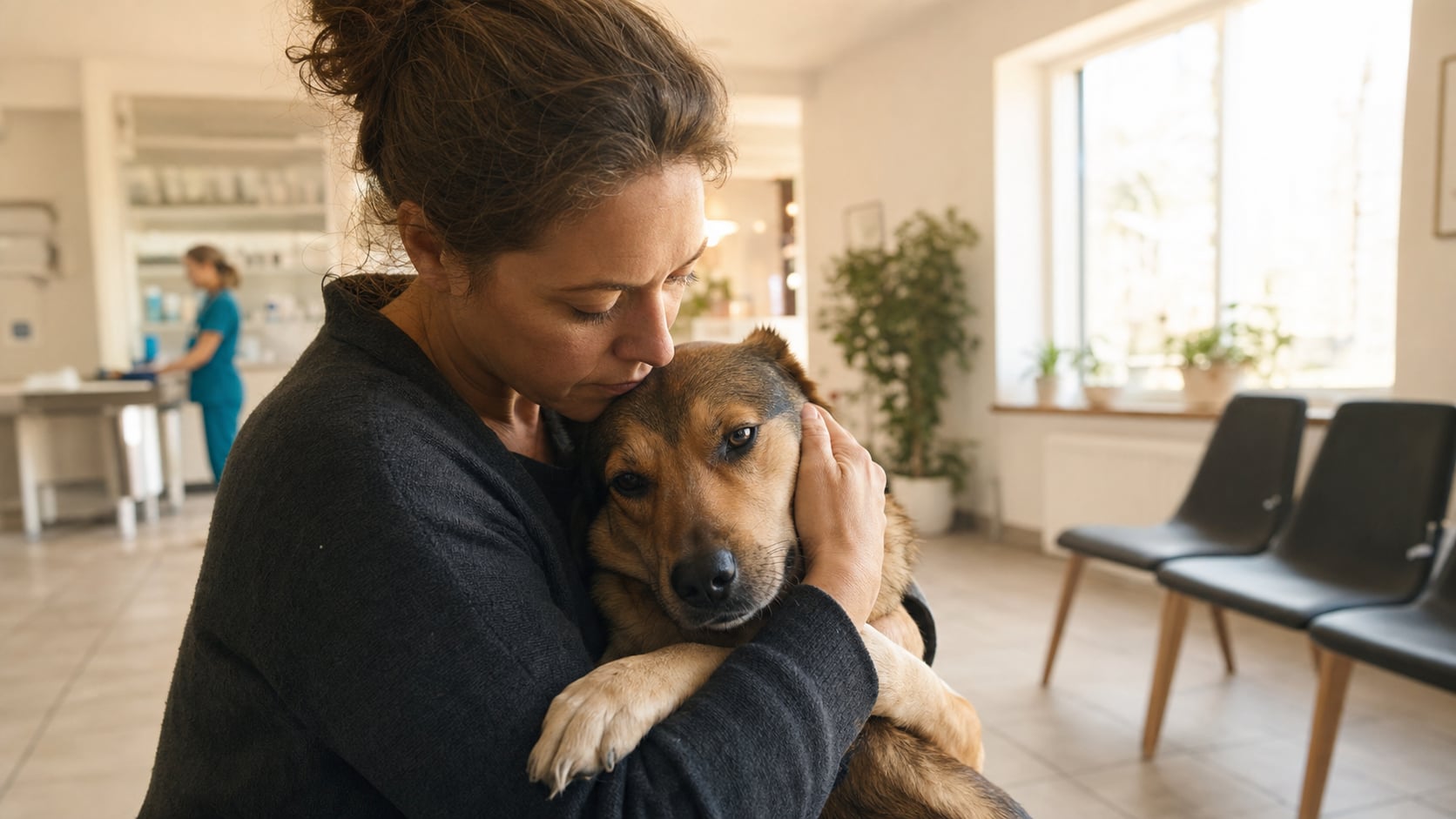 Hundebesitzer hält seinen Hund in der Tierarztpraxis – Vergiftung beim Hund erkennen und richtig handeln