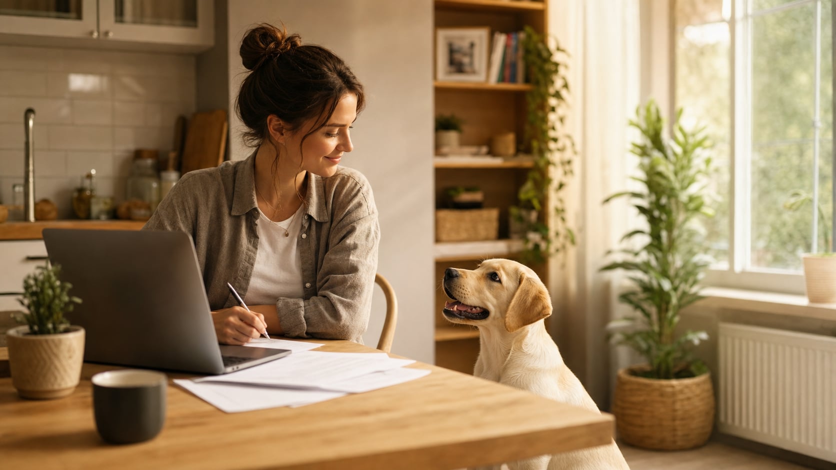 Hundebesitzer prüft am Küchentisch Versicherungsunterlagen am Laptop, während sein junger Labrador daneben sitzt – Symbolbild für Hundekrankenversicherung ohne Wartezeit mit Schutz ab Tag 1.