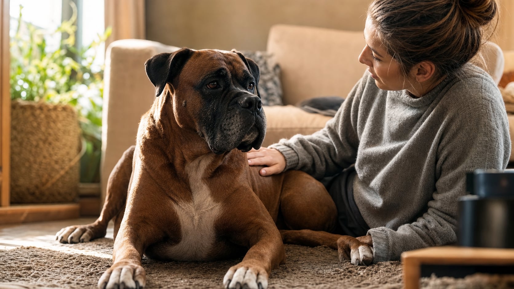 Besorgte Hundebesitzerin kniet neben ihrem großen Hund und beobachtet ihn aufmerksam – Symbolbild für das Erkennen einer Magendrehung als Notfall