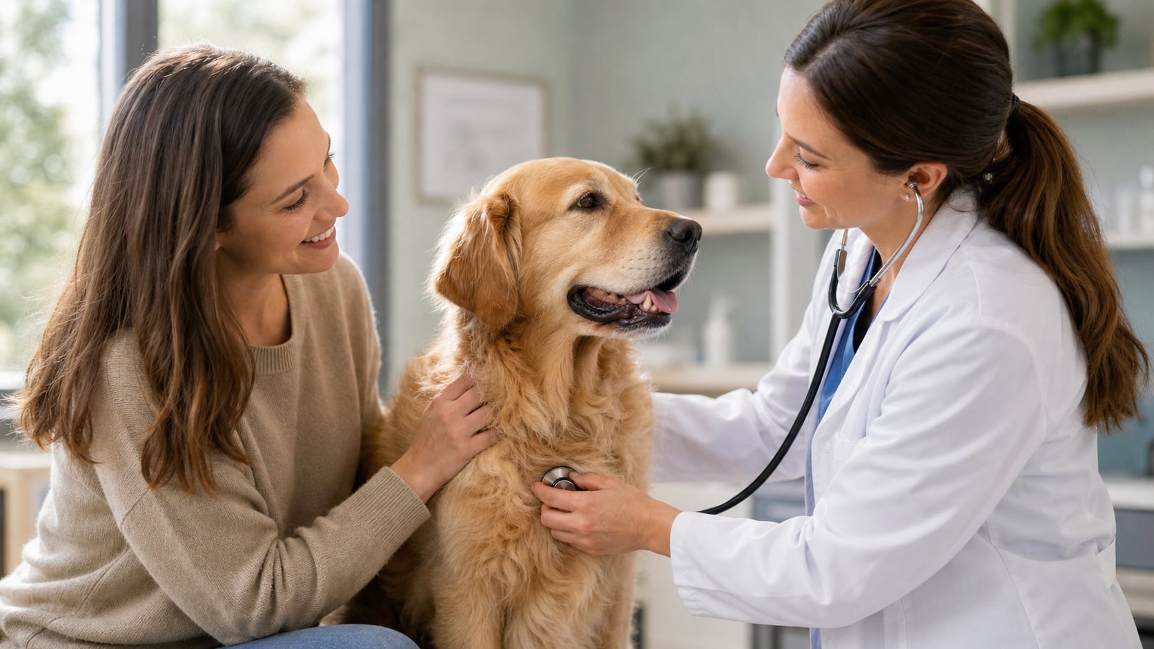 Gesunder Golden Retriever bei der Vorsorgeuntersuchung beim Tierarzt, Symbolbild für die Wahl zwischen OP- und Krankenversicherung für Hunde