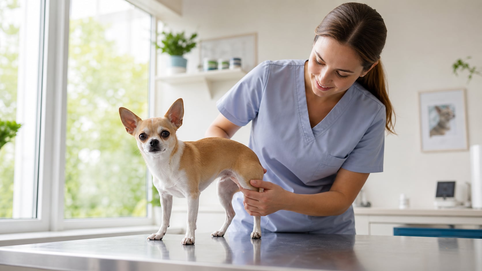Tierärztin tastet behutsam das Kniegelenk eines Chihuahuas ab – Patellaluxation beim Hund: Untersuchung der Kniescheibe vor der OP