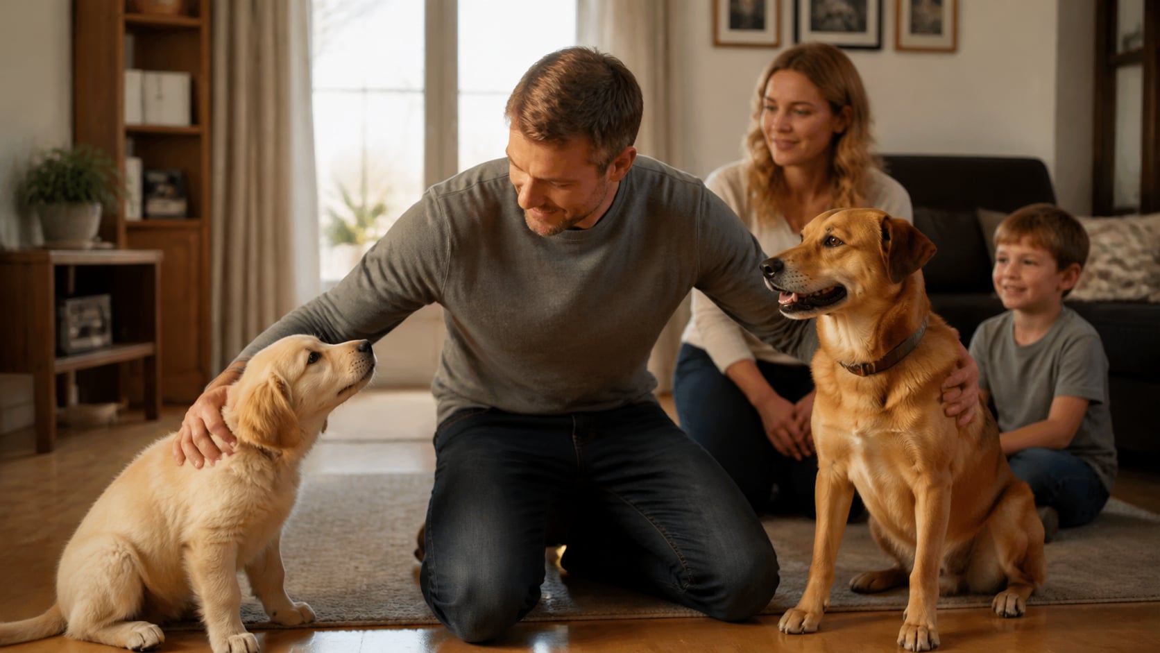 Familie wählt zwischen Welpe und erwachsenem Hund im Wohnzimmer